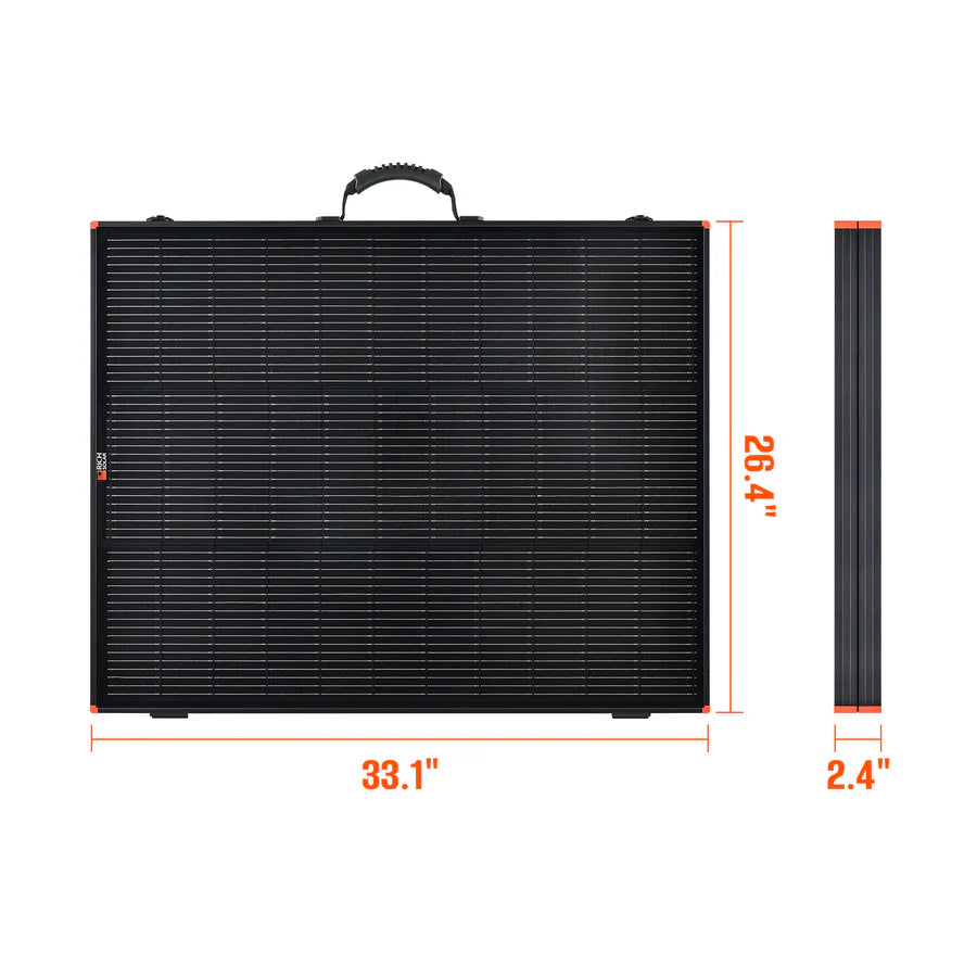 A rectangular black Rich Solar 200W briefcase solar kit with top handle is shown from the front and side. Dimensions: 33.1 wide, 26.4 tall, 2.4 thick—ideal for portable solar power or RV installation.