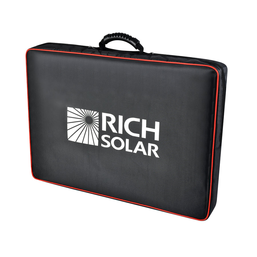 A black carrying case with a handle, ideal for your portable solar setup. Features the Rich Solar logo and sunburst graphic on the front, red piping along the edges, and is perfect for storing your 200W briefcase solar kit. Background is white.