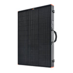 The Rich Solar 200W black briefcase solar kit, featuring a grid pattern, side handle, and orange corner accents, stands upright against a white background—ideal for portable solar power anywhere.
