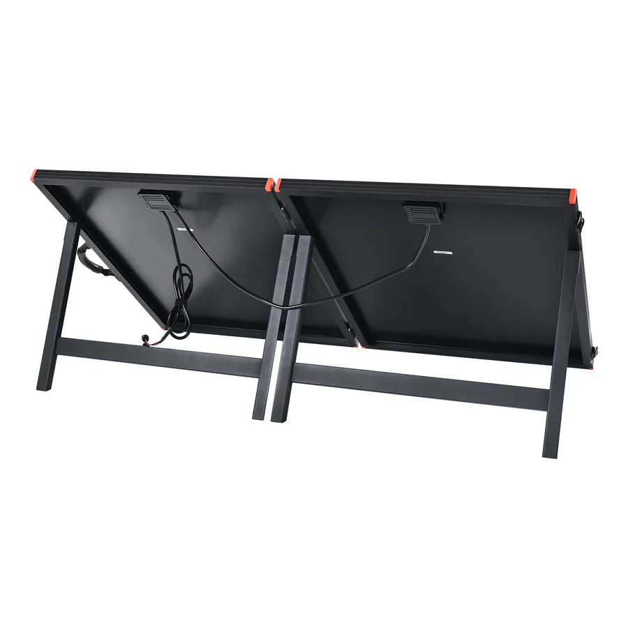 Two Zendure 200W portable solar panels in black are propped at an angle with foldable stands. Power cables are attached, and orange accents decorate the top corners. The image shows the backs of both panels.