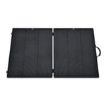 The Rich Solar 200W foldable black briefcase solar kit features two rectangular sections connected side by side and a right-edge handle for portable power, ideal for RV solar installation.