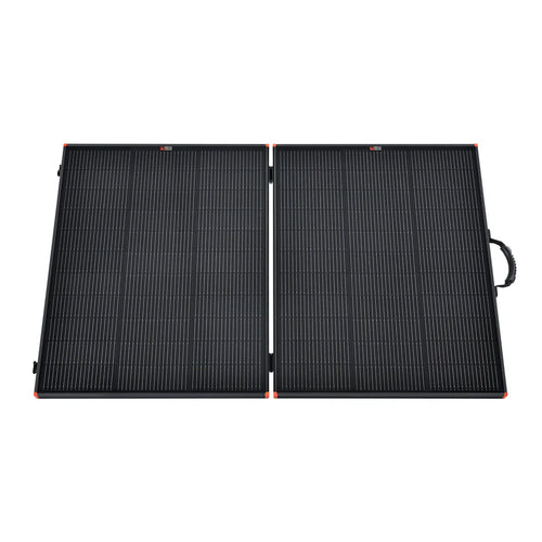 The Rich Solar 200W foldable black briefcase solar kit features two rectangular sections connected side by side and a right-edge handle for portable power, ideal for RV solar installation.