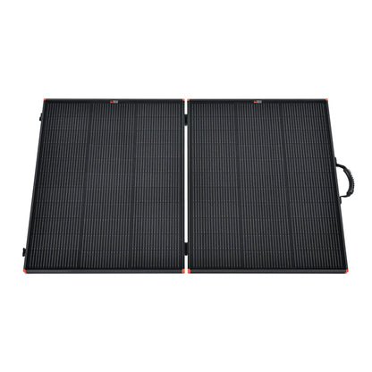 The Rich Solar 200W foldable black briefcase solar kit features two rectangular sections connected side by side and a right-edge handle for portable power, ideal for RV solar installation.