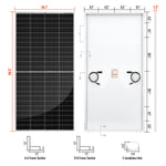 Front and back views of a black solar panel with dimensions labeled, presented in Manrope font, along with close-up sectional diagrams of the frame and installation hole sizes at the bottom.