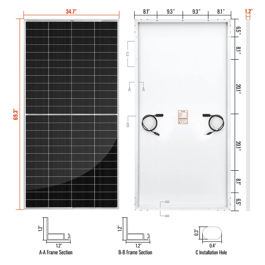 Front and back views of a black solar panel with dimensions labeled, presented in Manrope font, along with close-up sectional diagrams of the frame and installation hole sizes at the bottom.