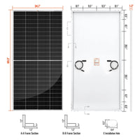 Front and back views of a black solar panel with dimensions labeled, presented in Manrope font, along with close-up sectional diagrams of the frame and installation hole sizes at the bottom.
