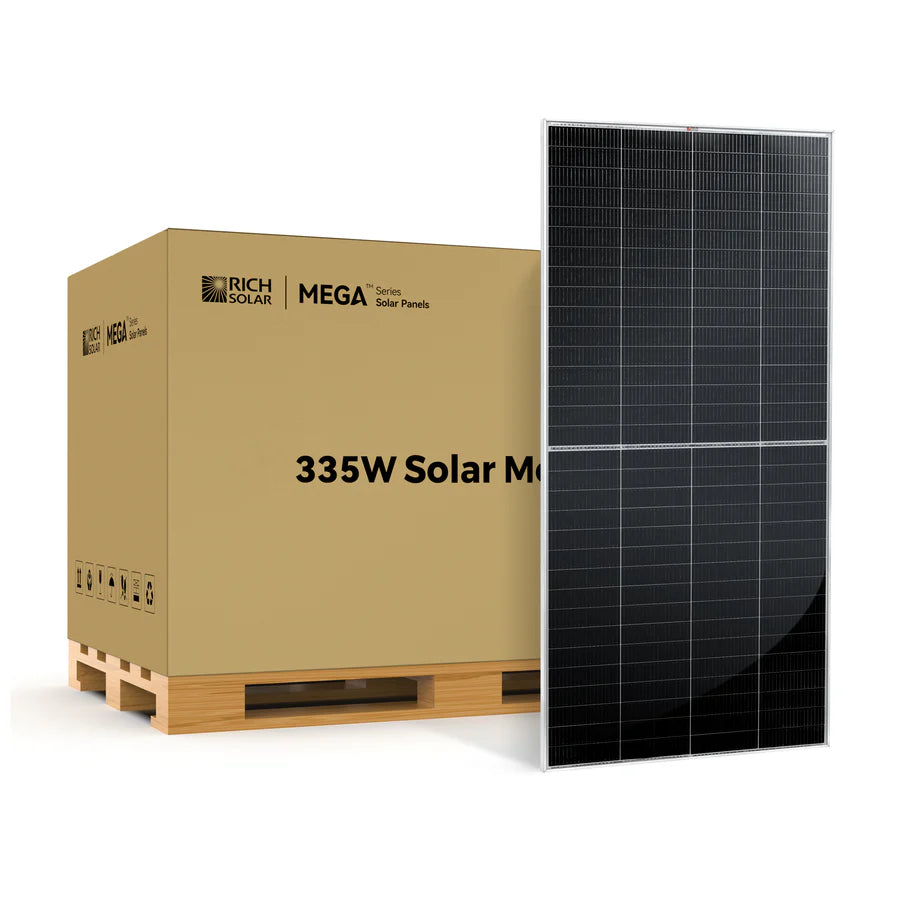 A large Bluetti cardboard box labeled 335W Solar Module rests on a pallet beside a standing black solar panel with a grid pattern, showcasing the modularity vital for efficient Bluetti solar energy systems.