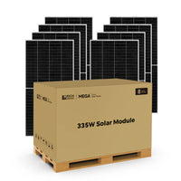 A cardboard box labeled Rich Solar 335W Solar Module, containing eight high-performance solar panels, sits on a wooden pallet in front of several upright black monocrystalline panels arranged in two rows.