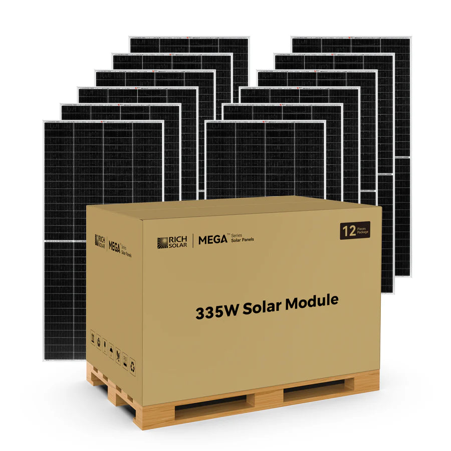 A large cardboard box labeled 335W Solar Module and branded with EcoFlow sits on a wooden pallet in front of black solar panels, all part of a Complete Solar Generator System.