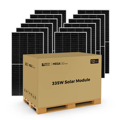 A large cardboard box labeled 335W Solar Module and branded with EcoFlow sits on a wooden pallet in front of black solar panels, all part of a Complete Solar Generator System.