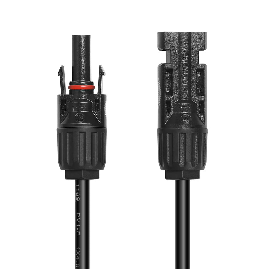 Two black Rich Solar MC4 connectors with attached cables are shown side by side, displaying male and female ends; ideal for connecting a 12V off-grid solar panel setup.