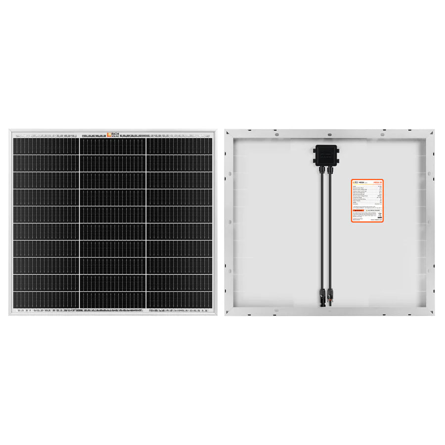 Two views of the Rich Solar 12V off-grid solar panel: the front has black solar cells, while the back shows a white surface with cables and a connection box. A durable aluminum frame provides reliable performance in any condition.
