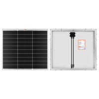 Two views of the Rich Solar 12V off-grid solar panel: the front has black solar cells, while the back shows a white surface with cables and a connection box. A durable aluminum frame provides reliable performance in any condition.