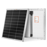 Two black Rich Solar panels with durable aluminum frames are shown. One shows the front photovoltaic cells; the other displays the back with wiring and a connection box—ideal as a 12V off-grid solar panel solution.