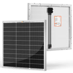 Two rectangular Rich Solar panels are shown: one displays the black front with a cell grid, and the other shows the white back with attached cables, a junction box, and a sturdy aluminum frame.