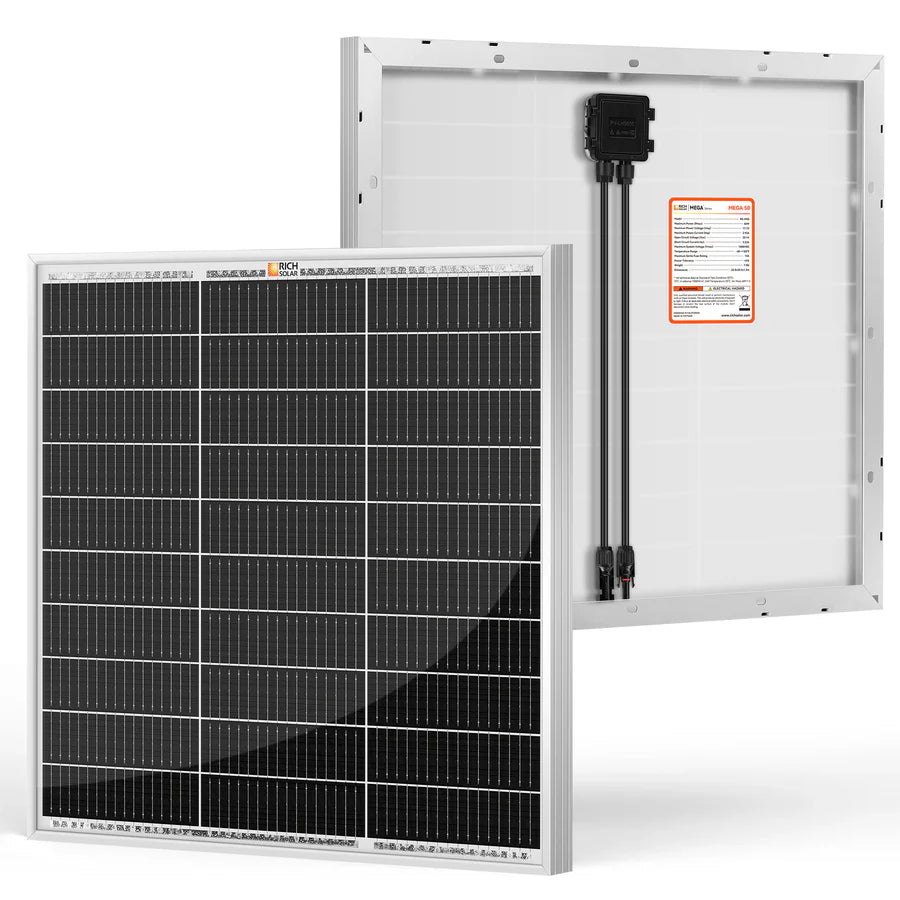 Two rectangular Rich Solar panels are shown: one displays the black front with a cell grid, and the other shows the white back with attached cables, a junction box, and a sturdy aluminum frame.