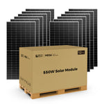 A stack of large black Rich Solar panels stands behind a shipping box labeled 550W Solar Module on a wooden pallet, featuring innovative solar cell design and a 12-year warranty.