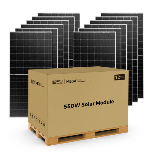 A stack of large black Rich Solar panels stands behind a shipping box labeled 550W Solar Module on a wooden pallet, featuring innovative solar cell design and a 12-year warranty.