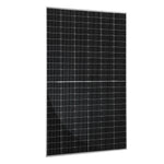A single Rich Solar rectangular panel with a grid of dark photovoltaic cells, featuring advanced TOPCON technology for improved low-light performance, is framed in silver and stands upright against a white background.