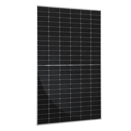 A single Rich Solar rectangular panel with a grid of dark photovoltaic cells, featuring advanced TOPCON technology for improved low-light performance, is framed in silver and stands upright against a white background.