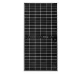 A rectangular Rich Solar black solar panel with a grid of small square cells and a silver frame, featuring advanced TOPCON technology, is shown against a white background.