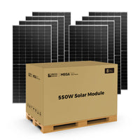 A pallet with a large box labeled “550W Solar Module” stands before eight black solar panels, featuring advanced cell design. The packaging identifies it as an 8-pack set from Rich Solar.