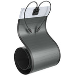 The Rich Solar flexible, rollable solar panel features CIGS technology, a white top section, and two cables with connectors. It is shown in a curved, upright position.