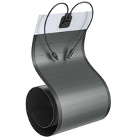 The Rich Solar flexible, rollable solar panel features CIGS technology, a white top section, and two cables with connectors. It is shown in a curved, upright position.