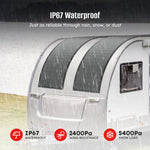 A caravan with curved Rich Solar Flexible Solar Panels using CIGS Technology is shown by a rainy lakeside. Text highlights IP67 waterproof rating, 2400Pa wind resistance, and 5400Pa snow load capacity.