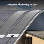 A curved, modern metal roof from Rich Solar features flexible CIGS solar panels that blend seamlessly with the roofing surface. Integrates with Roofing Surface appears at the top, with mountains visible in the background.