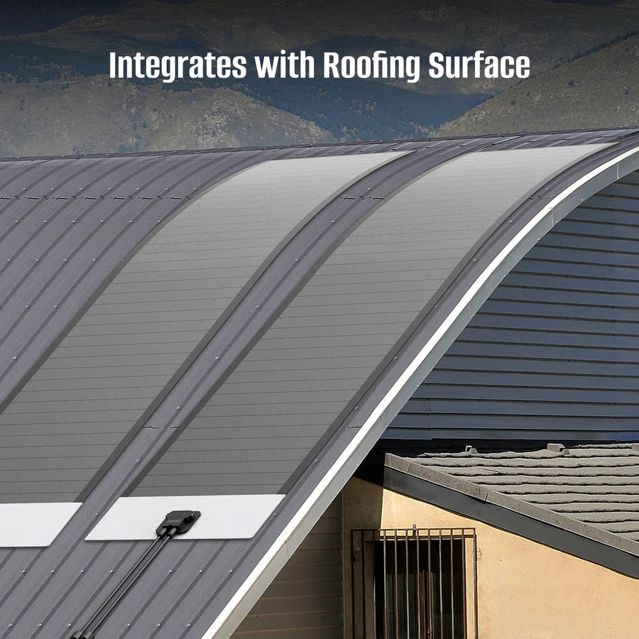 A curved, modern metal roof from Rich Solar features flexible CIGS solar panels that blend seamlessly with the roofing surface. Integrates with Roofing Surface appears at the top, with mountains visible in the background.