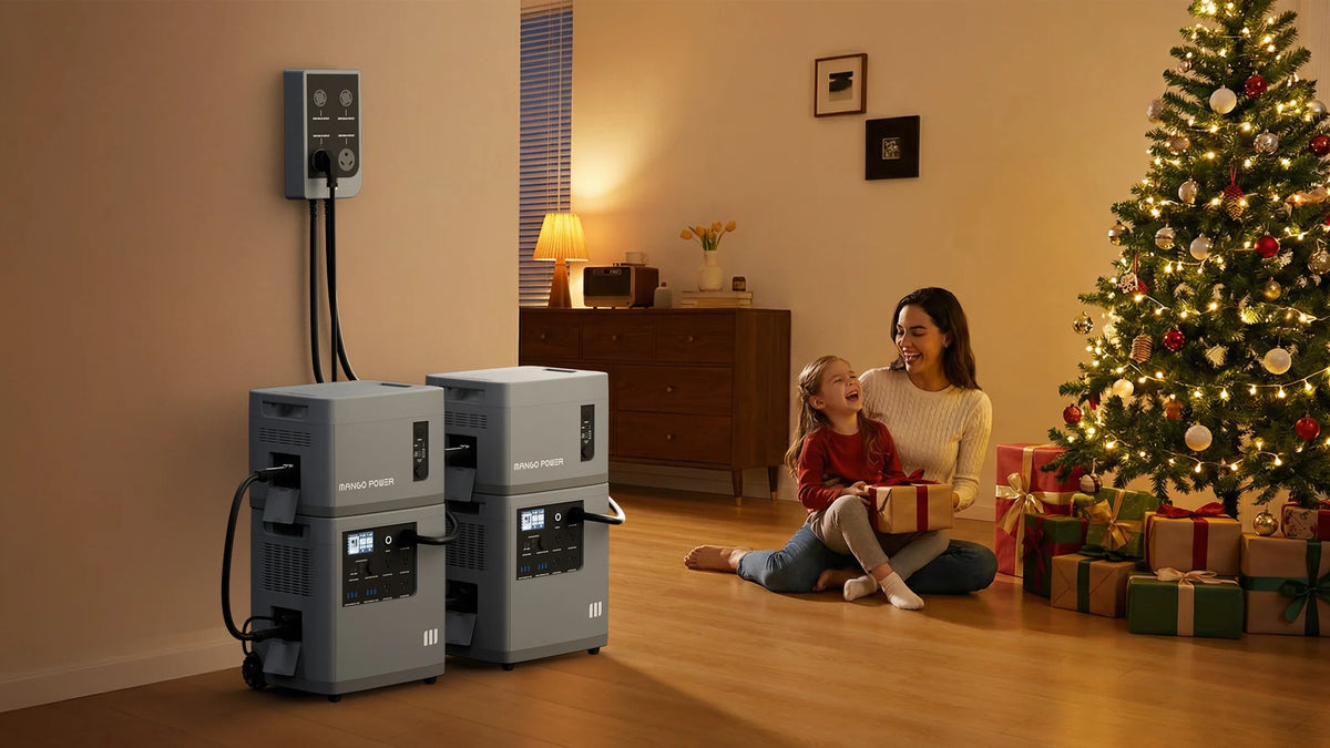 A woman and a girl sit by a decorated Christmas tree surrounded by gifts. Nearby, two large backup power units—including the Mango Power E 3,000W 7kWh 120V Home Backup Portable Power Station from Mango Power—are plugged into a wall outlet. The room is warm and softly lit, creating a cozy atmosphere.