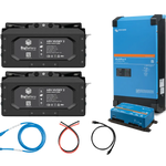 Two black BigBattery packs, a tall blue BigBattery inverter, a small blue BigBattery charge controller, and four colored cables are arranged on a white background, each device casting a subtle box shadow that adds depth to the composition.