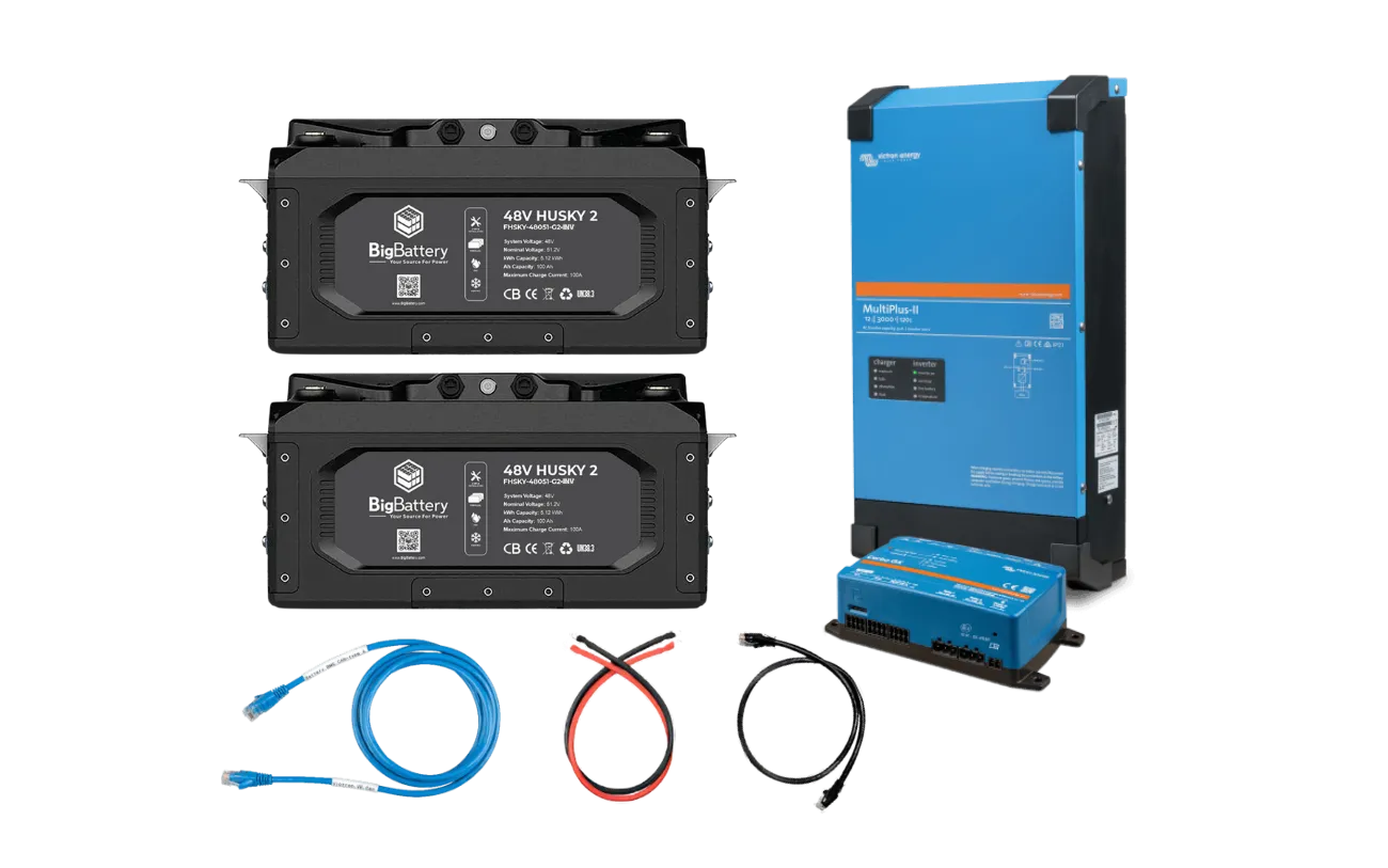 Two black BigBattery packs, a tall blue BigBattery inverter, a small blue BigBattery charge controller, and four colored cables are arranged on a white background, each device casting a subtle box shadow that adds depth to the composition.