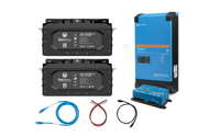 Two black BigBattery packs, a tall blue BigBattery inverter, a small blue BigBattery charge controller, and four colored cables are arranged on a white background, each device casting a subtle box shadow that adds depth to the composition.