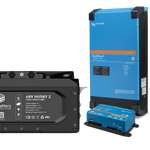 A black BigBattery battery, a blue Victron inverter, and a smaller blue Victron device are displayed alongside a blue Ethernet cable, all set against a plain white background. The clean arrangement distinctly highlights each item, enhanced by subtle box shadow and smooth border radius accents.