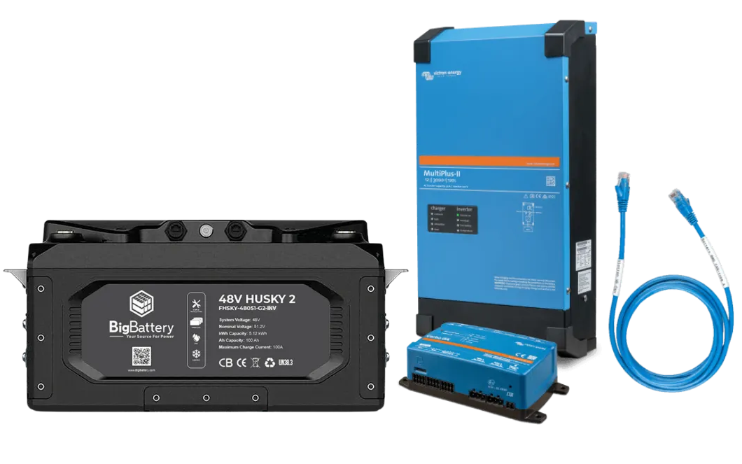 A black BigBattery battery, a blue Victron inverter, and a smaller blue Victron device are displayed alongside a blue Ethernet cable, all set against a plain white background. The clean arrangement distinctly highlights each item, enhanced by subtle box shadow and smooth border radius accents.