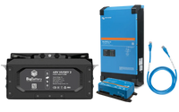 A black BigBattery battery, a blue Victron inverter, and a smaller blue Victron device are displayed alongside a blue Ethernet cable, all set against a plain white background. The clean arrangement distinctly highlights each item, enhanced by subtle box shadow and smooth border radius accents.