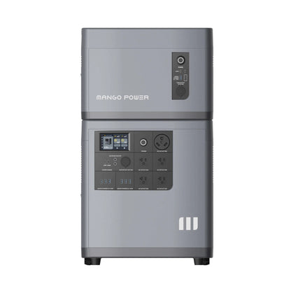 Front view of the Mango Power portable power station showcasing multiple ports, outlets, buttons, and a digital display. Features durable LFP battery cells for improved safety and performance. Mango Power branding is on the top section.