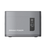 A gray rectangular Mango Power portable power station labeled Mango Power E features a power button, indicator lights, USB ports, and a round input port on the control panel—ideal for use with an expansion battery.