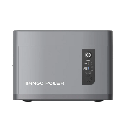 A gray rectangular Mango Power portable power station labeled Mango Power E features a power button, indicator lights, USB ports, and a round input port on the control panel—ideal for use with an expansion battery.