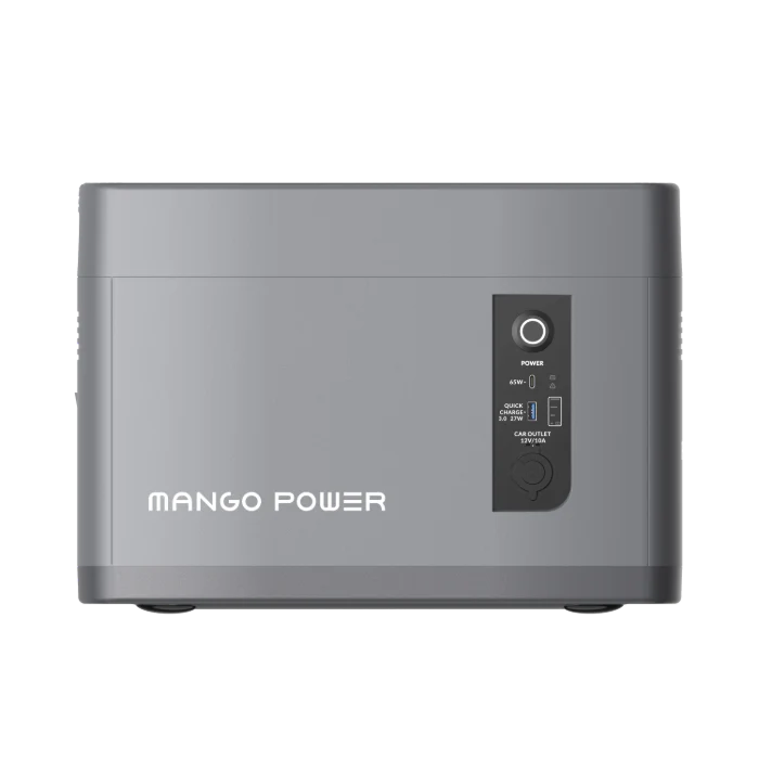 A gray rectangular Mango Power portable power station labeled Mango Power E features a power button, indicator lights, USB ports, and a round input port on the control panel—ideal for use with an expansion battery.