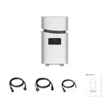 A silver Mango Power portable battery system by Mango Power is displayed with a user manual and three black power cables on a white background, ideal for home backup power needs.