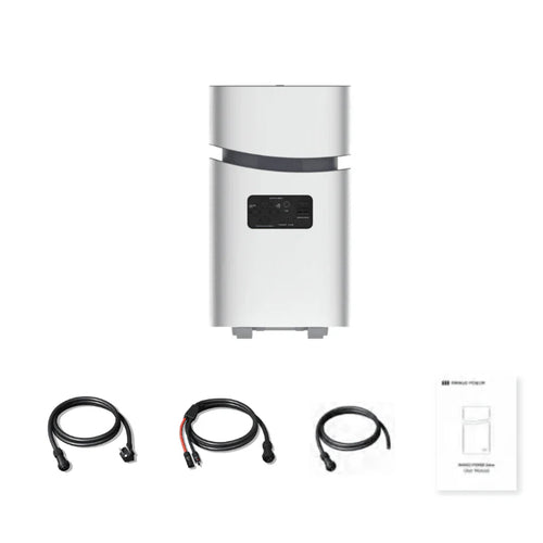 A silver Mango Power portable battery system by Mango Power is displayed with a user manual and three black power cables on a white background, ideal for home backup power needs.