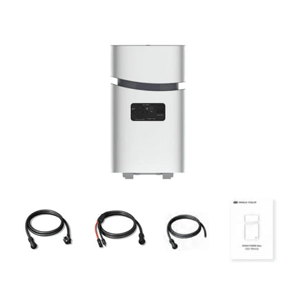 A silver Mango Power portable battery system by Mango Power is displayed with a user manual and three black power cables on a white background, ideal for home backup power needs.