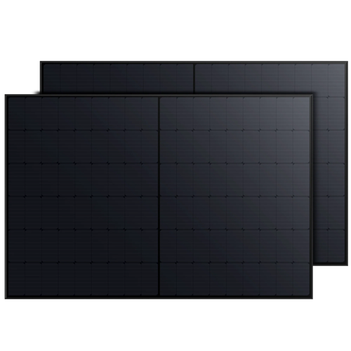 Two black Anker SOLIX 410W Rigid Solar Panels, each featuring a slim black frame and grid-like pattern, overlap against a transparent background.