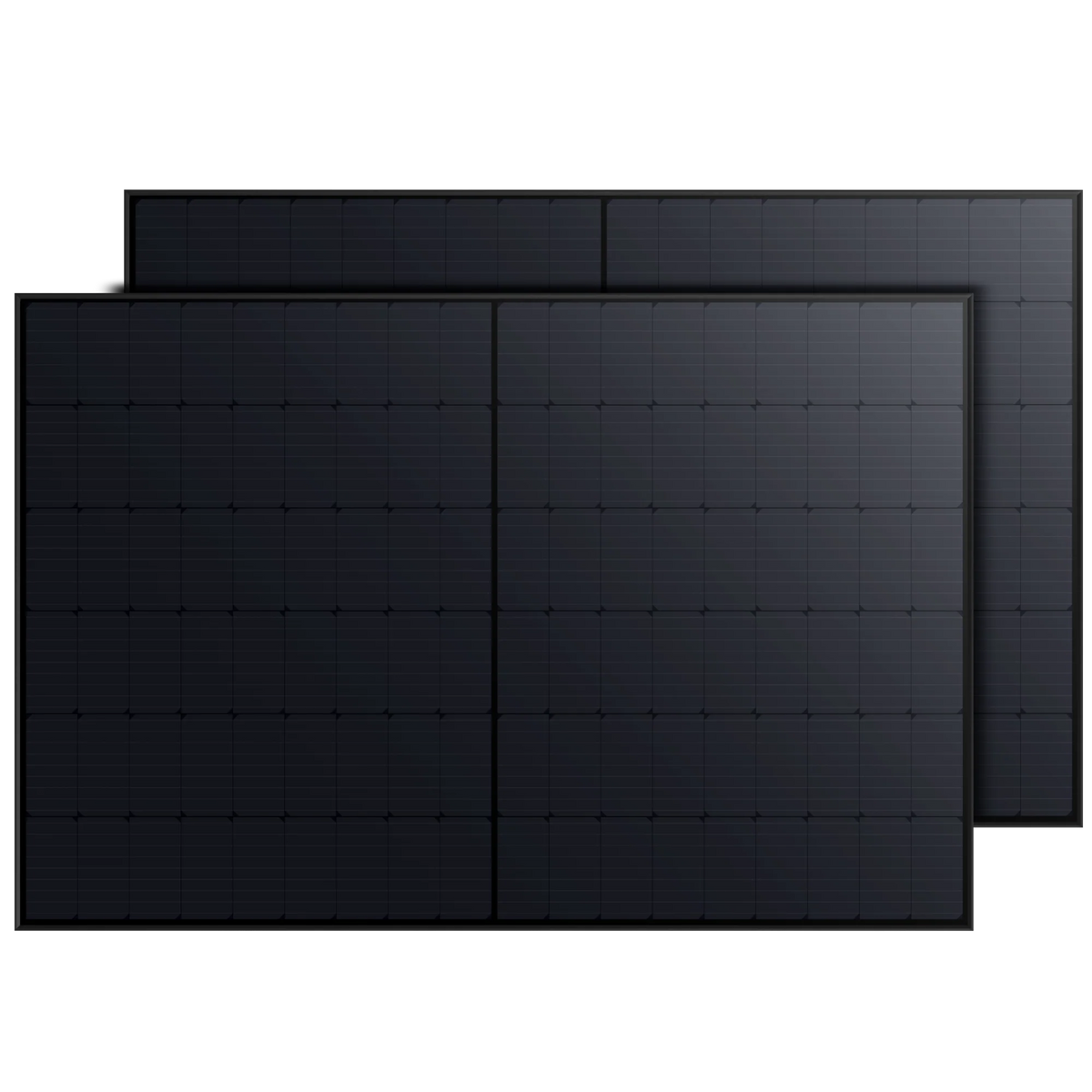Two black Anker SOLIX 410W Rigid Solar Panels, each featuring a slim black frame and grid-like pattern, overlap against a transparent background.