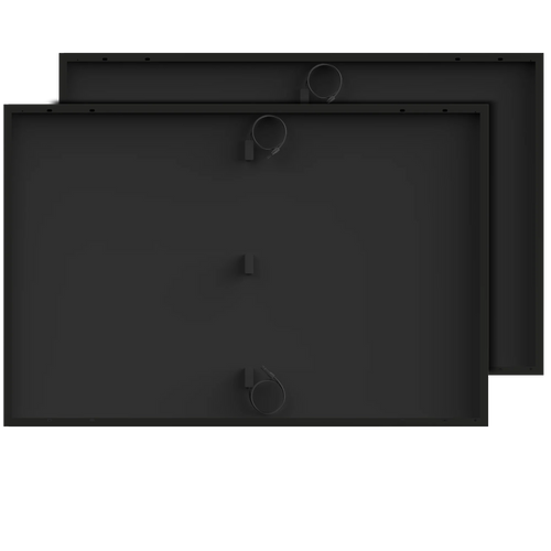 Two large, black Anker SOLIX 410W Rigid Solar Panels are stacked with one slightly behind the other. Each features three small raised clips and a central circular attachment, set against a plain white background.