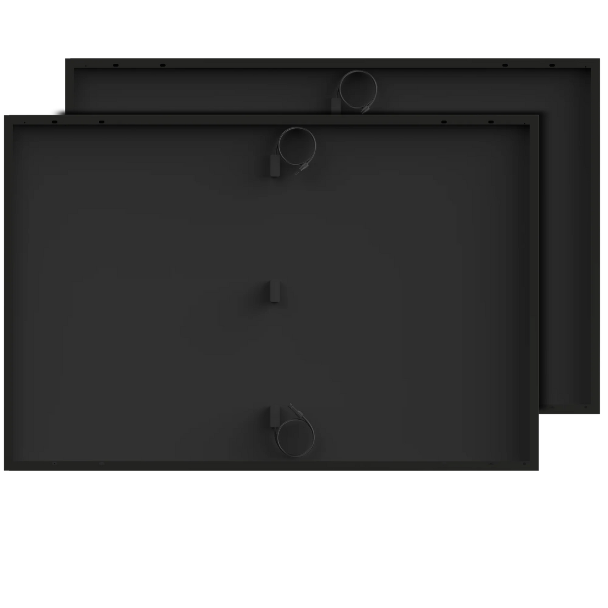 Two large, black Anker SOLIX 410W Rigid Solar Panels are stacked with one slightly behind the other. Each features three small raised clips and a central circular attachment, set against a plain white background.