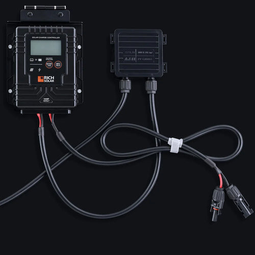 Rich Solar charge controller and connector box with attached cables and MC4 connectors, shown on a dark background—perfect for off-grid solar trailers or portable charging kits. Features labeled buttons, organized wires, and a white cable tie.